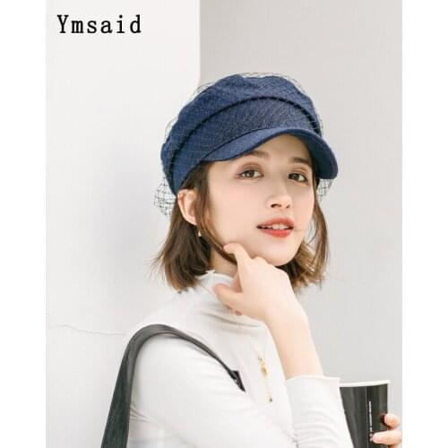 British Style Retro Denim Flat Beret Cap Temperament Mesh Veil Women Girl Sun Protection Visor Painter Hat Elegant Military Hat