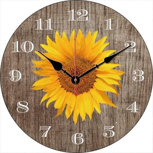 12 Inch Silent Vintage Wooden Round Wall Clock Creative Sunflowers Rustic Chic Style Wooden Round Home Decor Wall Clock