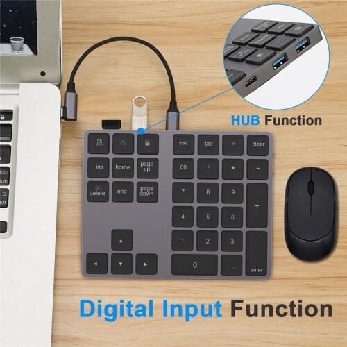 Aluminum Alloy Bluetooth Wireless Numeric Keypad with USB HUB Digital Input Function for Windows Mac OS Android Laptop PC