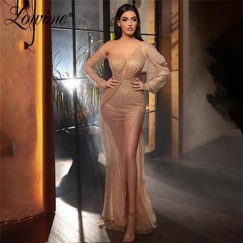 Dubai Champagne Beading Evening Dresses Islamic Turkish Women Celebrity Dress 2020 Robe De Soiree Pageant Party Dress Prom Gowns