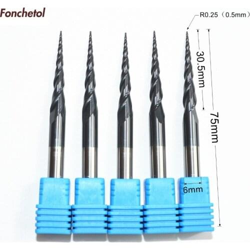 5PCS-6mm*R0.25*30.5*75L,wood milling cutter,CNC solid carbide end mill,router bit,woodworking taper ball nose cone cutter