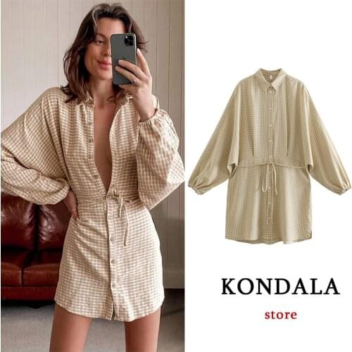 KONDALA Za 2021 Women Chic Plaid Vintage Mini Shirt Dress Single Button Sashes Pleated Dress Elegant Stylish Autumn Vestidos