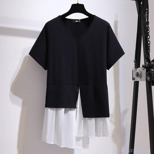 Big size irregular stitching contrast tops loose thin fake two-piece t-shirt summer new plus size womens clothing 4XL 5XL 6XL