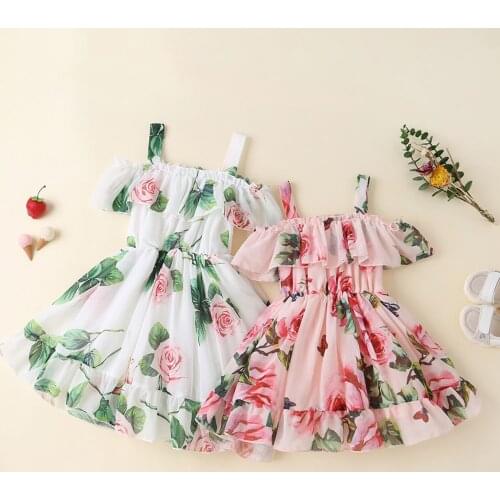 1-6Years Summer Princess Kids Girls Dress Flowers Printed Short Sleeve Off Shoulder Ruffles A-Line Chiffon Dress
