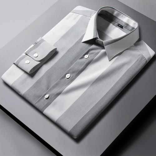 Mens Fashion Non-iron Stretch Soft Casual Striped Shirts Pocket-less Design Long Sleeve Standard-fit Youthful Button-down Shirt