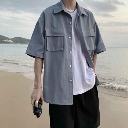 Mens Clothing White Black Coat Couples Summer Beach New Tooling Three Dimensional Pocket Short Sleeve Shirt Trend Loose