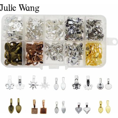 Julie Wang 200PCS/Box Retro Multi-Shape Glue On Bail Tags Clasps Charms Pendant Necklace Bracelet Jewelry Making Accessory Set
