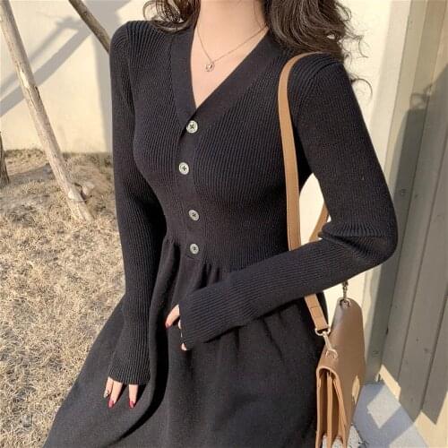 Black Sweater Dress Women Sexy V-neck Elegant Office Knitted Dress Female Long Sleeve One-piece Dress Korean 2020 Autumn Winter