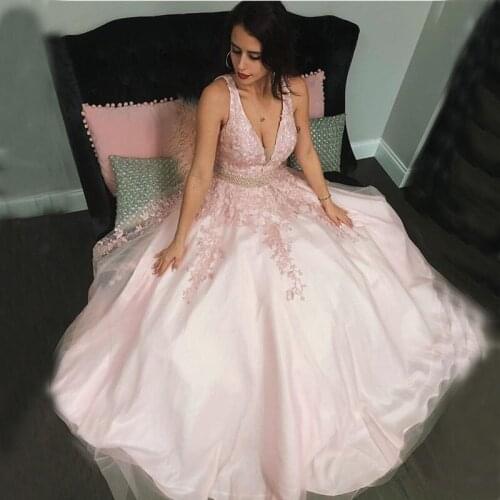 Sexy V-Neck Prom Dresses A-line Sleeveless Appliques Vestidos De Formal Party Gowns Backless Plus Size Pink Prom Evening Dresses