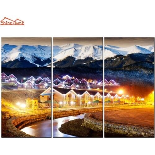 ShineHome-3pcs Wall Art Canvas Print Alps City Bright Christmas Eve Painting Triptych Modular Picture for Living Room Decoration