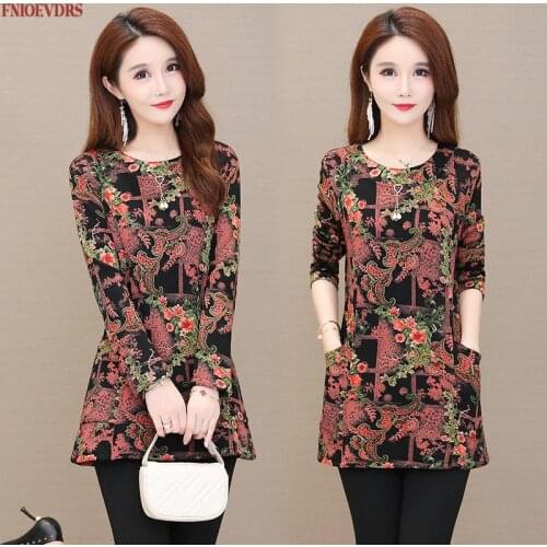 Women Winter Spring Basic Wear Elegant Office Lady Retro Floral Print Vintage Tunic Peplum Tops And Blouses