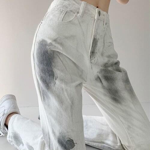 High Waist Womens Jeans Splashing Ink Fashion Harajuku Wide Leg Long Pants Girl Fashion Straight Baggy Denim Trouser