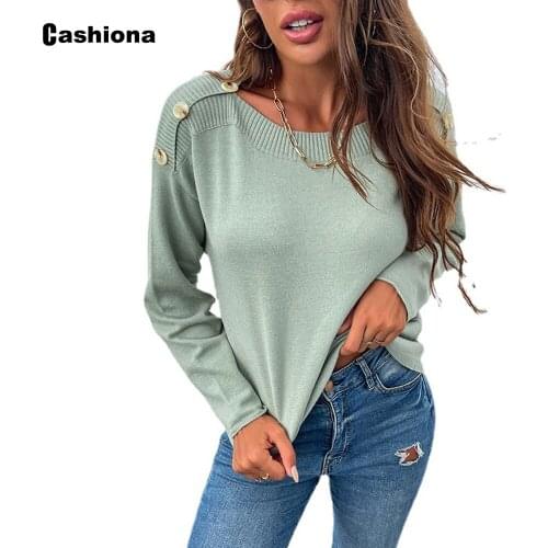 Cashiona Womens Sweaters Long Sleeve Top Streetwear Autumn Casual Pullovers 2021 Patchwork Buttons Female knitting Pullovers