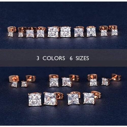 Stud Earrings For Women Vintage Classic Square Zircon Rose Gold Color Ear Accessories Man Jewelry Wholesale Multiple Sizes E332