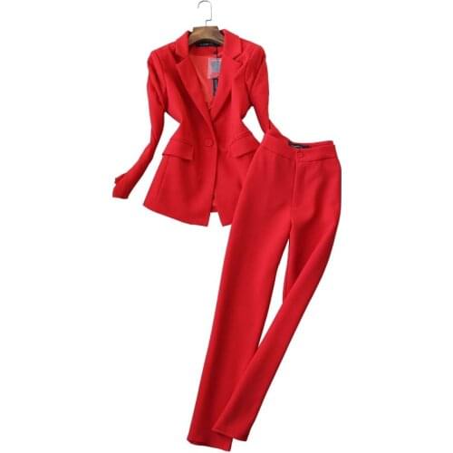Womens trousers set two-piece high quality 2019 new autumn Korean Slim ladies red jacket small suit Casual office pants suit