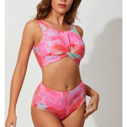 Plus Size Swimwear Women Gradient Print Halter High Waist Bikini set vest pleated tie-dye digital printing bikini 2021 swimsuit