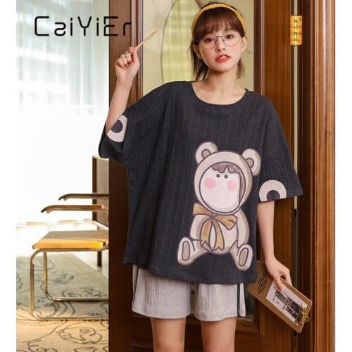 CAIYIER Womens Summer Pajamas Set Cotton Short Sleeve Ladies Nightwear Cute Cartoon Print Lounge Comfortable Sleepwear Homewear