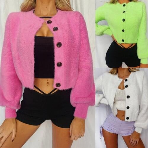 Fleece Cardigan Women Solid Color Pink White Green Single Breated Sweaters For Women Cropped Cardigan