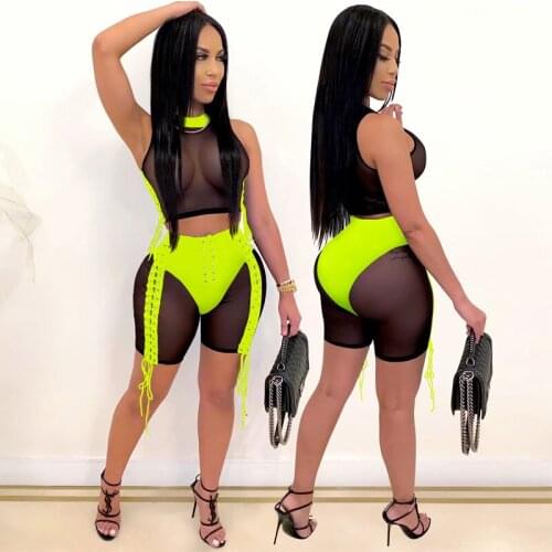 Mesh See Through Sexy Bandage Matching Set Women O Neck Sleeveless Party Club Two Piece Outfit Crop Top And Shorts Sets
