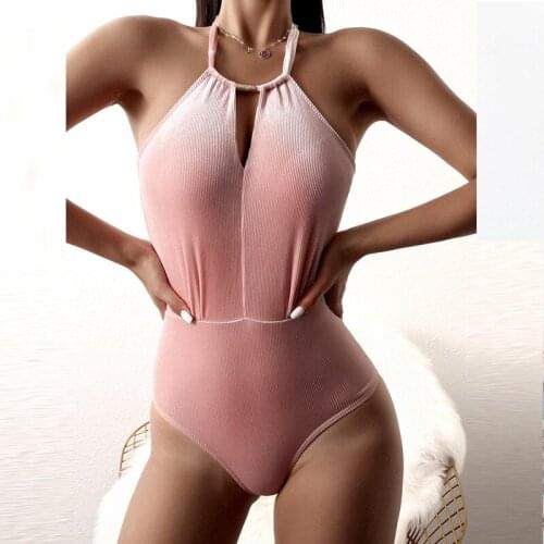 Women Hollow Out Solid Color Bikini Bodysuit One Piece Bandage Backless Velvet Swimwear Push Up Swimwear Beachwear Bathing Suits