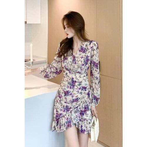 Hebe&Eos Autumn Women Chic Floral Print Dress Elegant V Neck Dresses Ruffle Sexy Bodycon Long Sleeve Holiday Mini Dress Female