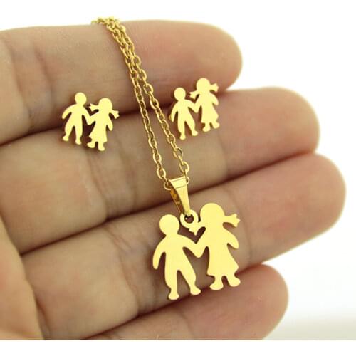 1 Set Golden Stainless Steel Girl And Boy Hand in Hand Jewelry Sets Charms Love Earrings Necklace Women Girls Couple Gift