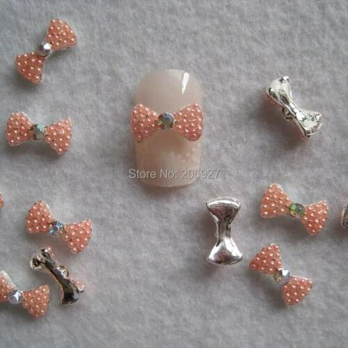 MD-12 10pcs Fancy Pink Pearl and AB Rhinestone Silver Bow Metal Charms Metal Deco Charms Nail Art