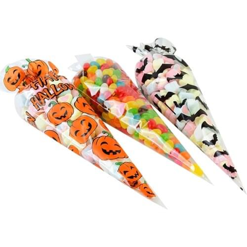 100pcs Halloween Candy Bags Cellophane Packaging Bag Plastic Gift Bags Party Favors Bag Pumpkin Bat Printed for Halloween Party