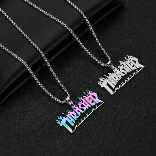 2021 New Fashion Street Hip-Hop Rock Jewerly Men Women Stainless Steel Quenched Letter Magazine Flame Pendant Necklaces