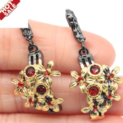 39x18mm Neo-Gothic Vintage Created 7.3g Red Blood Ruby Violet Tanzanite Flower For Women Black Gold Silver Earrings Eye Catching