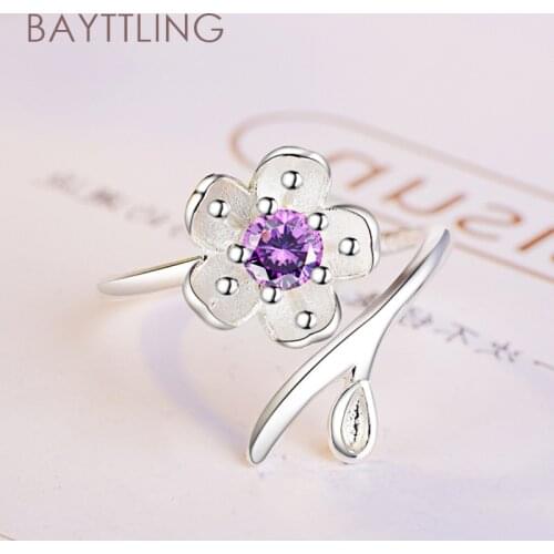 BAYTTLING S925 Sterling Silver Fine Pink/Purple Cherry Blossom Zircon Opening Ring For Women Fashion Wedding Party Jewelry Gift