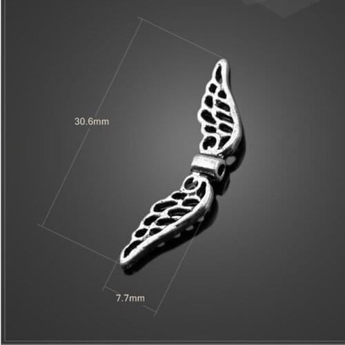 High quality 20 PCS/Lot 30.6mm*7.7mm alloy handmade antique silver plated angel wings charm diy beads for bracelets