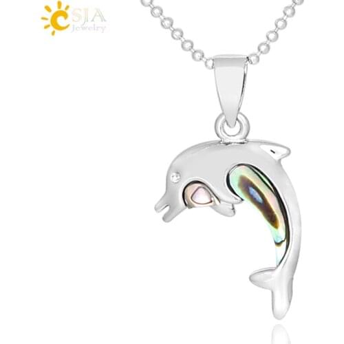 CSJA Natural White Mother Pearl Abalone Shell Pendant Cute Dolphin Animal Necklace Copper Chain DIY Charm Jewelry Findings F323