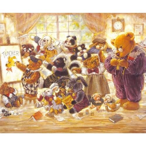 D0758 Teddy Bear Painting Silk Fabric Poster Art Decor Indoor Painting Gift