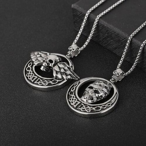 European and American retro personality Angel Wings Mummy Skull Mens Titanium Steel Pendant