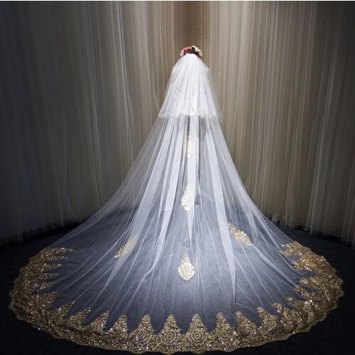 Shining Gold Lace Edge Long 3 Meters Cathedral Wedding Veil With Comb Two Layers Bridal Veil Bride Accessories Voile Mariee