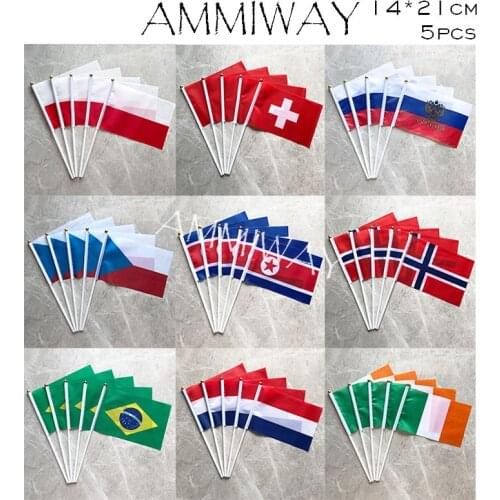 AMMIWAY 14x21cm 5pcs Poland Switzerland Russia Czech Republic Small Hand Flag North Korea Norway Brazil Netherlands Ireland Flag