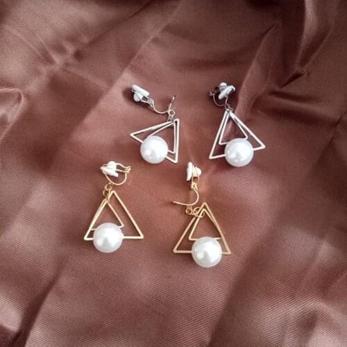 Grace Jun Fashion Cute Double Triangle Simulated Pearl Clip on Earrings Without Piercing for Women Luxury Jewelry Korea Style