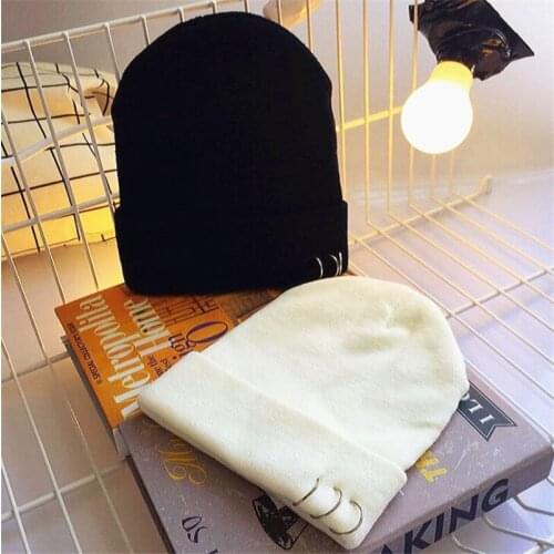 JIAXUN036 KOREA Style Women Casual Metal Ring Kintted Hat Skullies Man Blank Hip Hop Ski Knit Beanies Cap Gorros