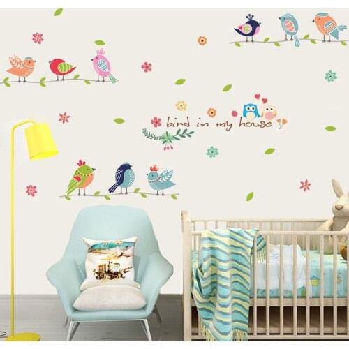 Cartoon birds house tree branch wall decals living room bedroom home decor pvc wall stickers decor mural art decorative posters