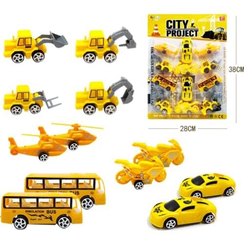 12pcs Pull Back Vehicle Model Toys Classic Simulation Mini Plastic Military Police Motorcycle Excavator Sliding Car Set