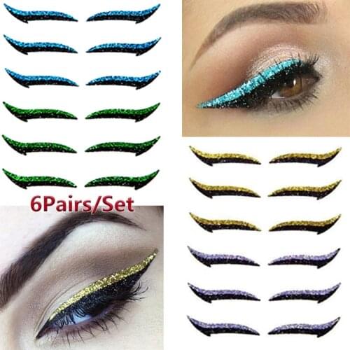 6 Pairs Eyeliner Stickers Reusable Easy To Use Cat Eye Eyelid Line Stick Double Eyelid Glitter Silver Sticker Eyes Makeup Tools