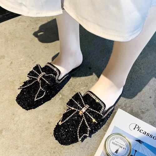 2020 Spring and Summer fashion bow new womens shoes Baotou Square head flat-heeled semi-slippers