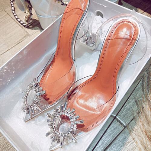 New Women Pumps Elegant Pointed Toe Rhinestones High Heels Wedding Shoes Crystal Clear Heeled Slingback Pumps Sandals Sexy Heels