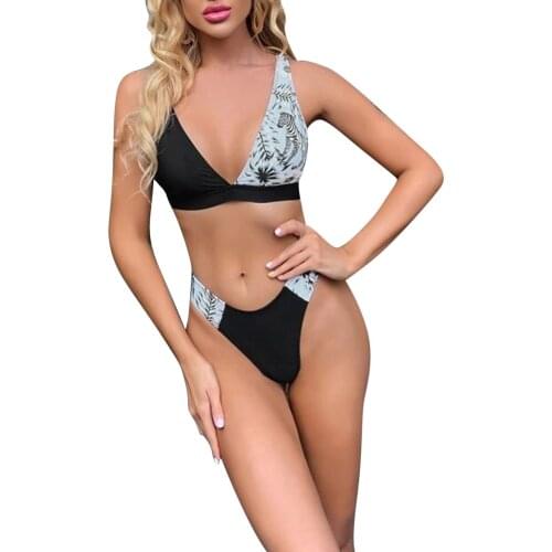 Hirigin New Women Fashion 2-piece Swimming Suit Sleeveless V-neck Color Block Tops And High Waist Swim Bottoms Set for Ladies