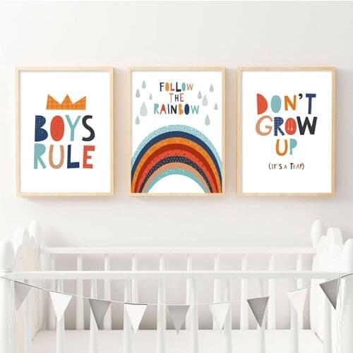 Boys Rule Rainbow Nursery Quotes Child Poster and Print Canvas Wall Art Picture Minimalist Painting Nordic Kids Room Decoration