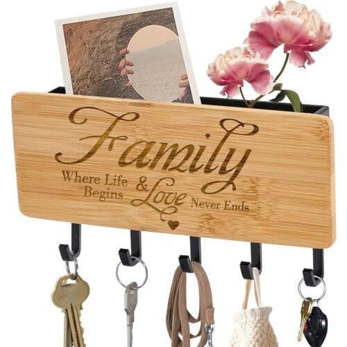 Wall Hanging Wooden Engraved Special Text Key Rack Storage Hanger Holder Home Decorating Sundries Racks with 5 Hooks