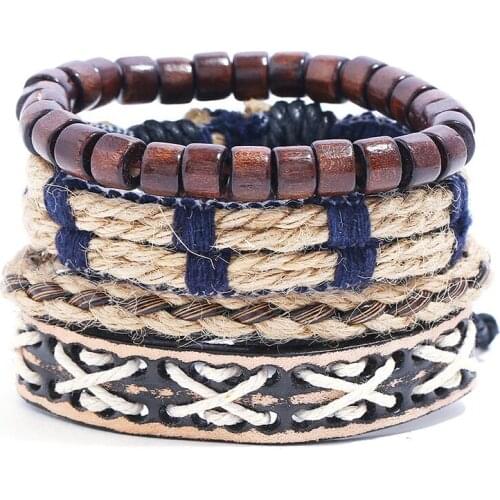 4pc Vintage Retro Leather Bracelets Set for Woman Man Beads Woven Charm Adjustable Wristbands Bangle Wrap Fashion Ethnic Jewelry
