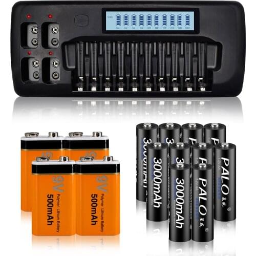 PALO battery Charger for 1.2V NiMH aa AAA Rechargeable battery 9v nimh lithium battery with 10pcs AA battery and 4pcs 9v battery