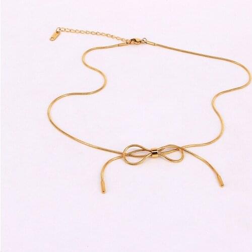 Fashion Stainless Steel Bowknot Snake Chain Pendant Necklace Chinese knot Rose Gold Color Women Female Party Gift
